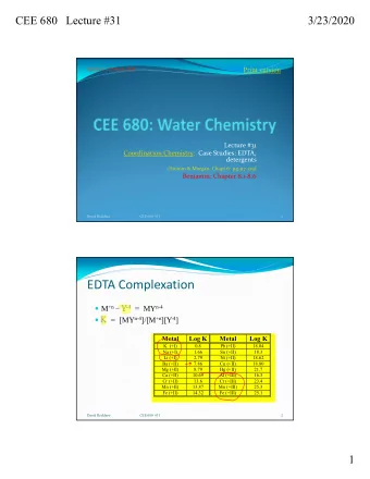 EDTA Complexation  M +n + Y -4 =  MY n-4  K  =  [MY n-4 ]/[M +n ][Y -4 ]  Metal  Log K  Metal