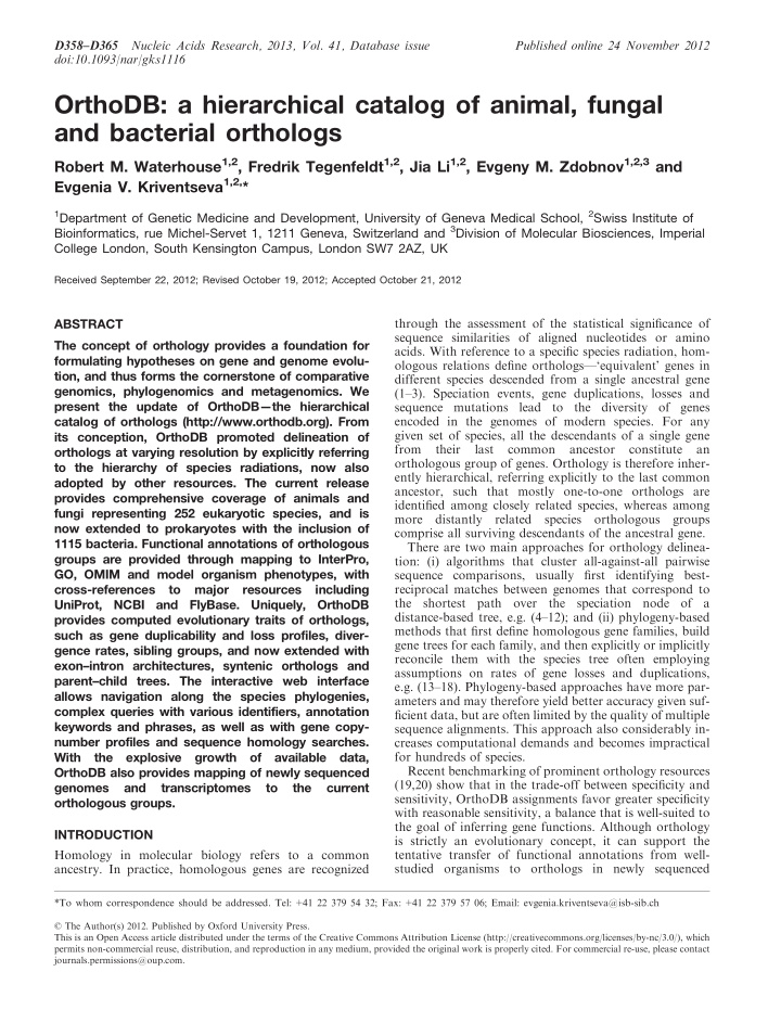 orthodb a hierarchical catalog of animal fungal and