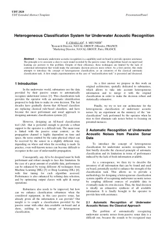Heterogeneous Classification System for Underwater Acoustic Recognition F. CHAILLAN 1 , S. MEUNIER