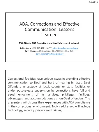ADA, Corrections and Effective  Communication: Lessons  Learned  Mid-Atlantic ADA Corrections and