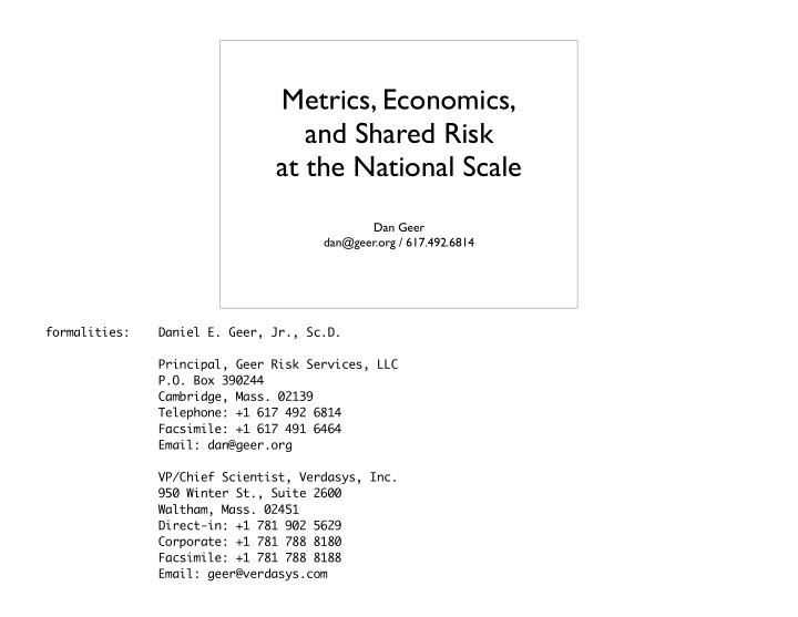 metrics economics and shared risk at the national scale