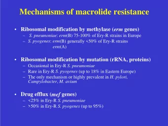 Mechanisms of macrolide resistance  Ribosomal modification by methylase ( erm genes)  S.