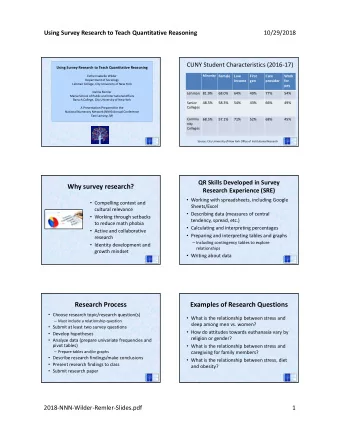 Why survey research?  Research Experience (SRE)  Working with spreadsheets, including Google