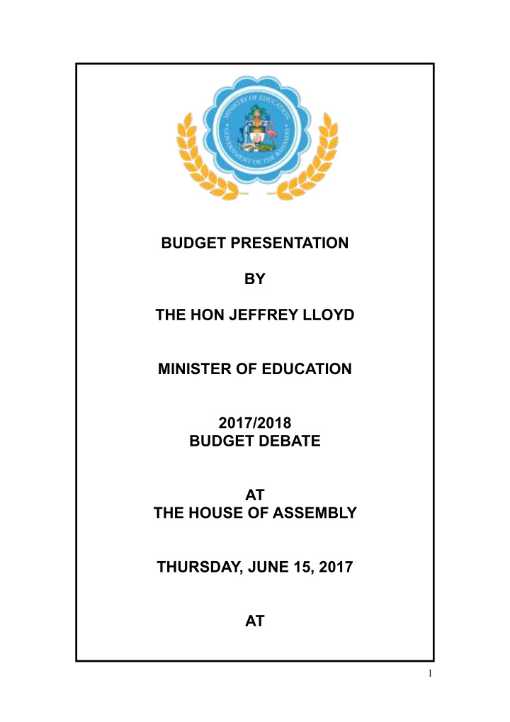 budget presentation by the hon jeffrey lloyd minister of