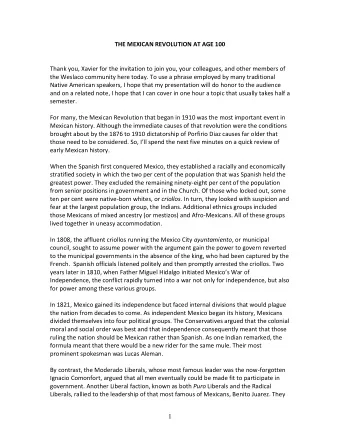 THE MEXICAN REVOLUTION AT AGE 100  Thank you, Xavier for the invitation to join you, your