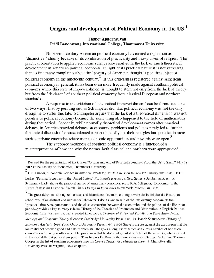origins and development of political economy in the us 1