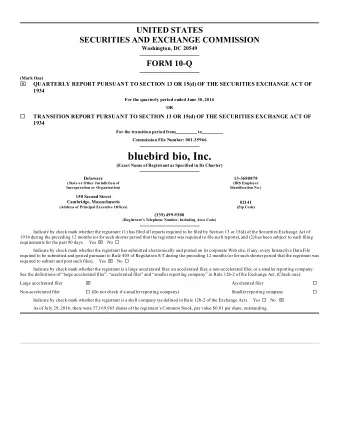 bluebird bio, Inc.  (Exact Name of Registrant as Specified in Its Charter)  Delaware  13-3680878