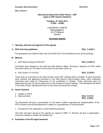 Lantmnnen Lantbruk  Boplatsgatan 8 213 76 Malm  Sweden  Annotated Agenda  I. Opening, welcome