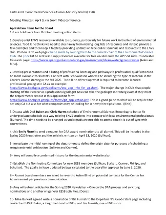 Earth and Environmental Sciences Alumni Advisory Board (EESB)  Meeting Minutes:  April 9, via Zoom
