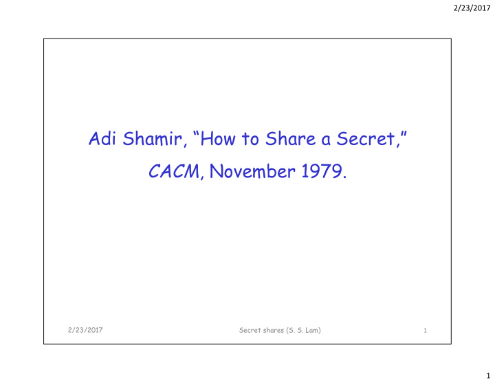 adi shamir how to share a secret cacm november 1979 cacm