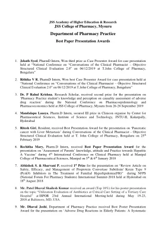Department of Pharmacy Practice Best Paper Presentation Awards 1. Jehath Syed , PharmD Intern, Won