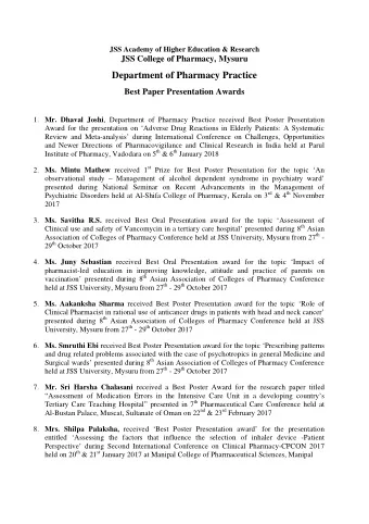 Department of Pharmacy Practice Best Paper Presentation Awards 1. Mr. Dhaval Joshi , Department of
