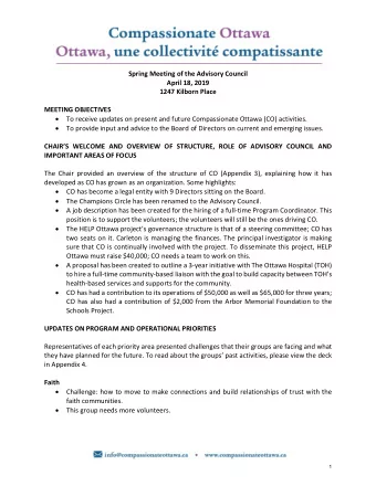 Spring Meeting of the Advisory Council  April 18, 2019  1247 Kilborn Place  MEETING OBJECTIVES