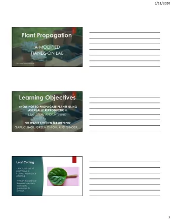 Plant Propagation  A MODIFIED  HANDS-ON LAB  Ray Conser Master Gardener  Learning Objectives  KNOW