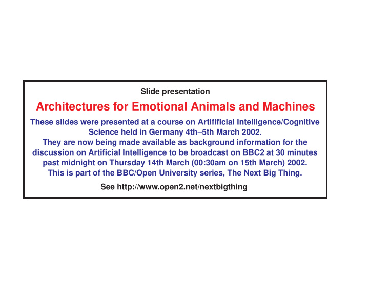architectures for emotional animals and machines