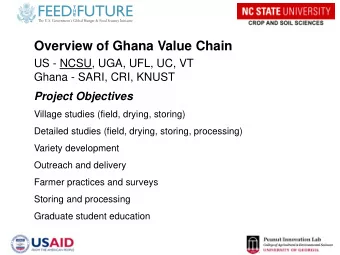 Overview of Ghana Value Chain  US - NCSU, UGA, UFL, UC, VT  Ghana - SARI, CRI, KNUST  Project
