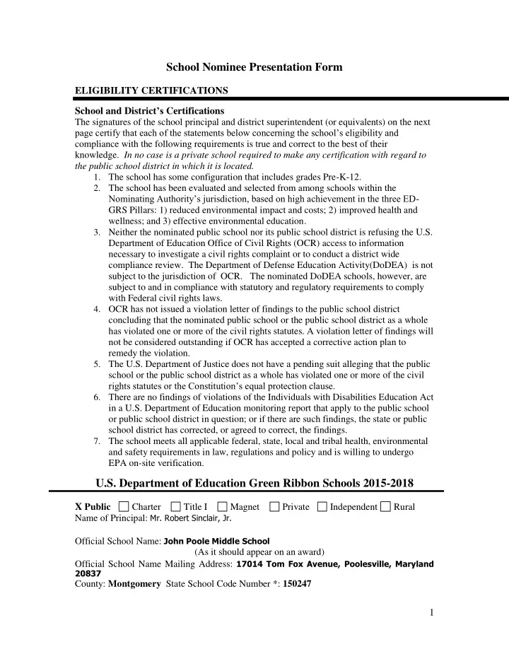 school nominee presentation form