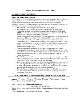 School Nominee Presentation Form ELIGIBILITY CERTIFICATIONS School and District s Certifications