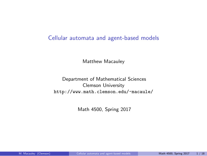 cellular automata and agent based models