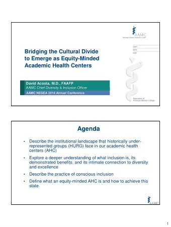 Agenda    Describe the institutional landscape that historically under-  represented groups