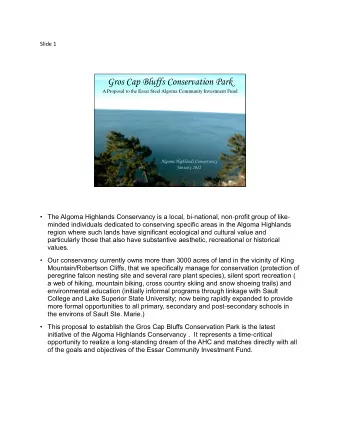 Gros Cap Bluffs Conservation Park  A Proposal to the Essar Steel Algoma Community Investment Fund