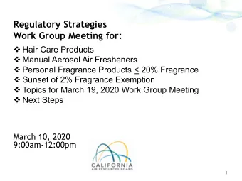 Regulatory Strategies  Work Group Meeting for:  Hair Care Products  Manual Aerosol Air