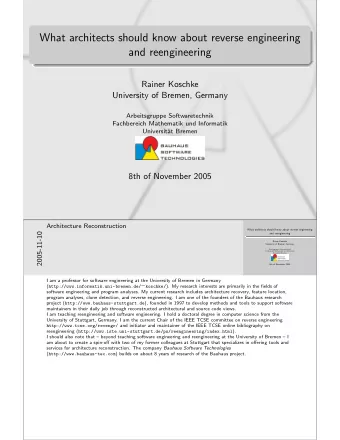 What architects should know about reverse engineering  and reengineering  Rainer Koschke