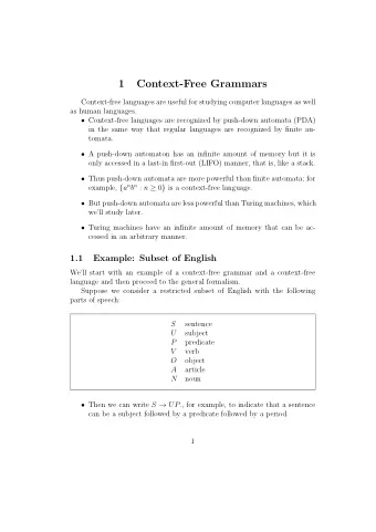 1  Context-Free Grammars  Context-free languages are useful for studying computer languages as well