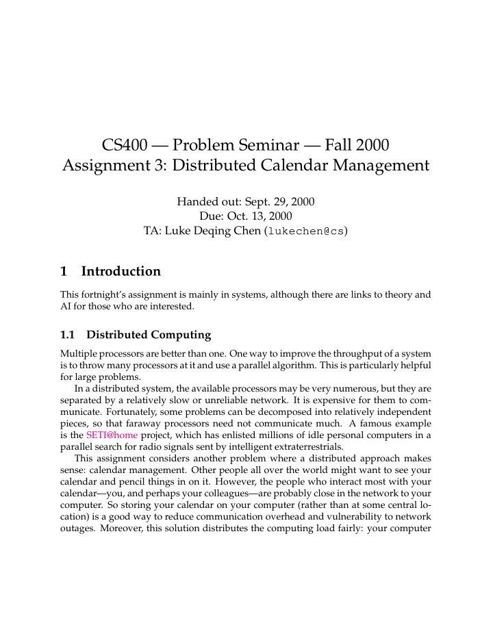 cs400 problem seminar fall 2000 assignment 3 distributed