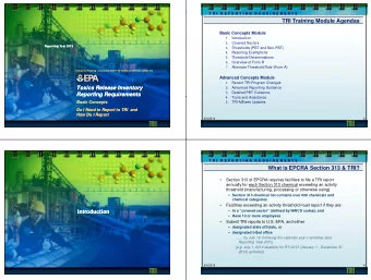 TRI Training Module Agendas  Basic Concepts Module  1.  Introduction  2.  Covered Sectors  R