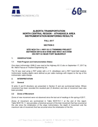 ALBERTA TRANSPORTATION NORTH CENTRAL REGION  ATHABASCA AREA  INSTRUMENTATION MONITORING RESULTS