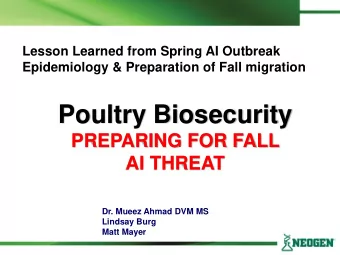 Poultry Biosecurity  PREPARING FOR FALL AI THREAT  Dr. Mueez Ahmad DVM MS  Lindsay Burg  Matt Mayer