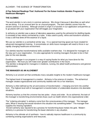 ALCHEMY:  THE SCIENCE OF TRANSFORMATION  A Few Selected Readings That I Authored For the Kaiser