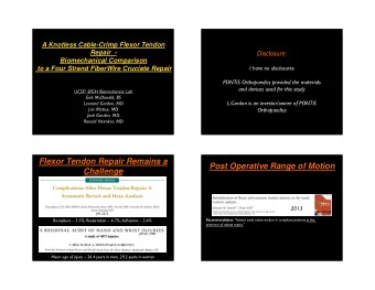 Flexor Tendon Repair Remains a  Post Operative Range of Motion  Challenge  2013  JHS 2011  JHS 2012