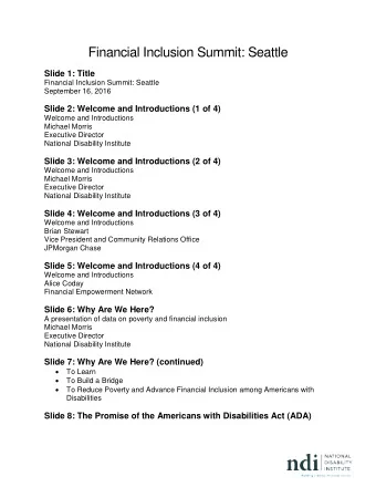 Financial Inclusion Summit: Seattle  Slide 1: Title  Financial Inclusion Summit: Seattle  September