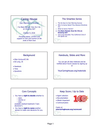 Caring House  The Smarties Series  Care Planning for Smarties 1. The Six Keys to Care Planning