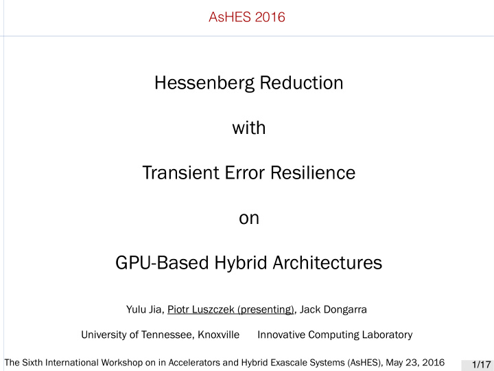 hessenberg reduction with transient error resilience on