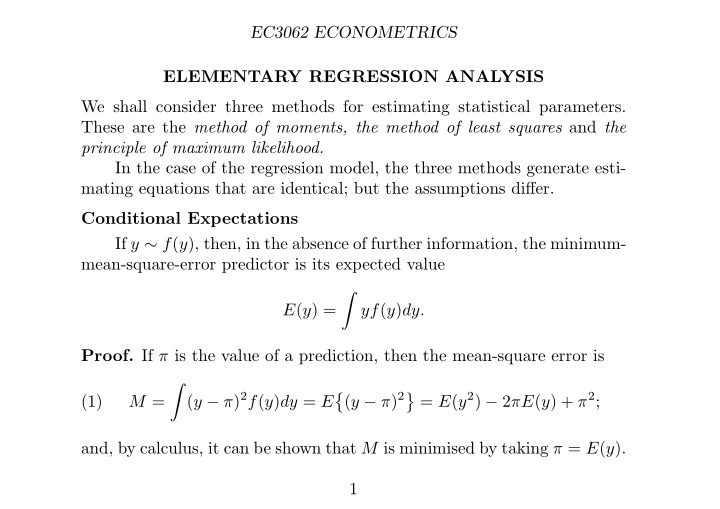ec3062 econometrics elementary regression analysis we