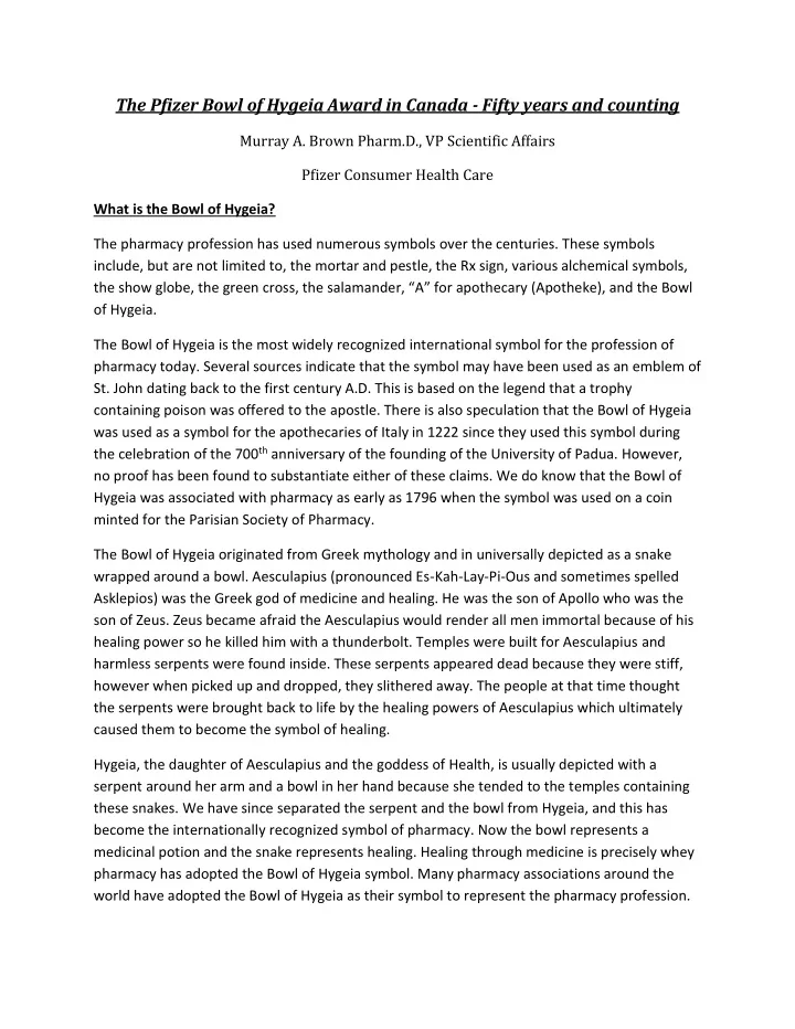 the pfizer bowl of hygeia award in canada fifty years and