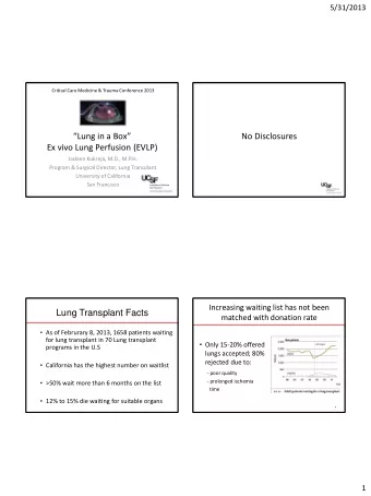 No Disclosures Lung in a Box  Ex vivo Lung Perfusion (EVLP)  Jasleen Kukreja, M.D., M.P.H.