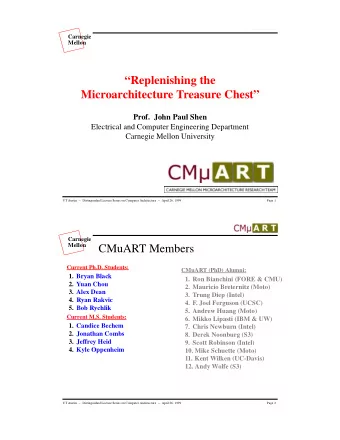 Replenishing the  Microarchitecture Treasure Chest  Prof.  John Paul Shen  Electrical and