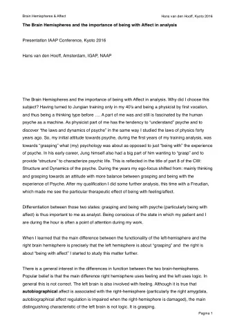 The Brain Hemispheres and the importance of being with Affect in analysis  Presentatlon IAAP