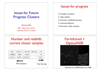 Issues for progress  Issues for Future  Number of clusters  Progress: Clusters  High redshift