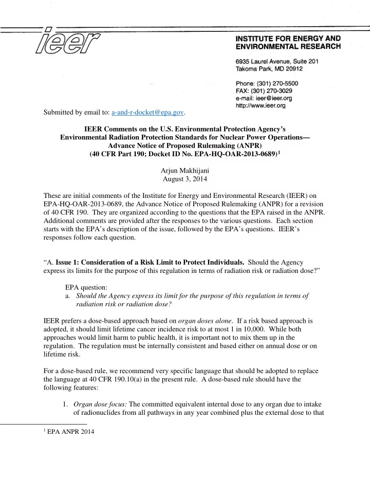 submitted by email to a and r docket epa gov ieer