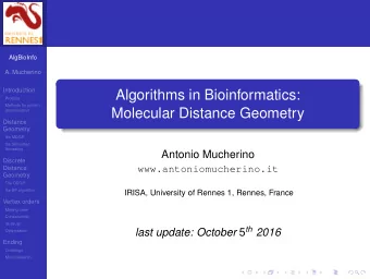 Algorithms in Bioinformatics:  Proteins  Methods for protein  Molecular Distance Geometry