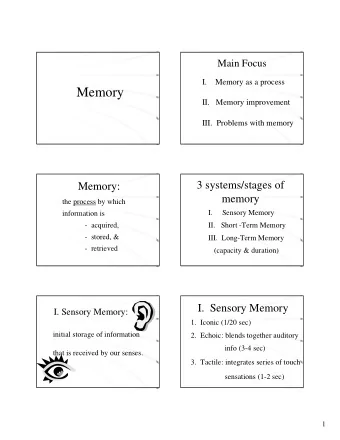 Memory  II.   Memory improvement  III.  Problems with memory  3 systems/stages of  Memory:  memory