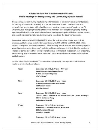 Affordable Care Act State Innovation Waiver:  Public Hearings for Transparency and Community Input
