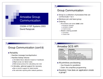 Amoeba Group  communicate 1-to-n  Members join and leave group  Communication  Ordering