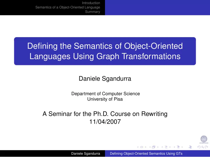 defining the semantics of object oriented languages using
