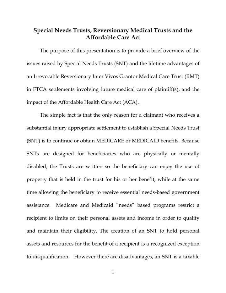 special needs trusts reversionary medical trusts and the